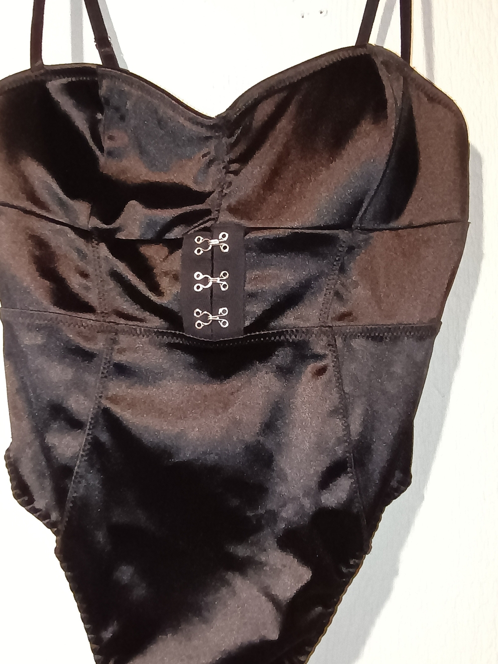 Black Satin One-Piece Bodysuit with Hook Front